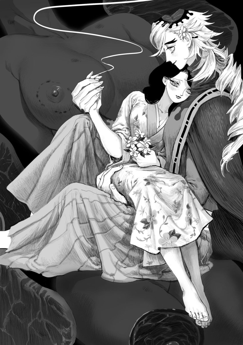 1boy 1girls barefoot bite_mark corpse creepy demon_slayer douma female flower_in_hair flowers fully_clothed gore guro hakama japanese_clothes kimetsu_no_yaiba kimono kotoha_hashibira larger_male long_hair_male male monochrome sitting_on_lap sitting_on_person smaller_female smile spiky_hair when_you_see_it