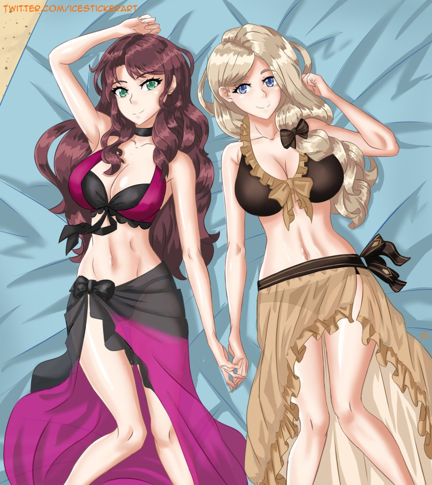 2girls alternate_costume armpits bare_legs bare_midriff bikini black_bikini black_swimsuit blonde_female blonde_hair blue_eyes breasts brown_bikini brown_hair brown_swimsuit choker cleavage dorothea_arnault dorothea_arnault_(summer) female_only fire_emblem fire_emblem:_three_houses fire_emblem_heroes green_eyes hair_over_shoulder holding_hands icesticker large_breasts long_hair looking_at_viewer mercedes_von_martritz mercedes_von_martritz_(summer) midriff multiple_girls nintendo official_alternate_costume on_back on_towel purple_bikini purple_swimsuit sarong see-through side_ponytail smile swimsuit towel