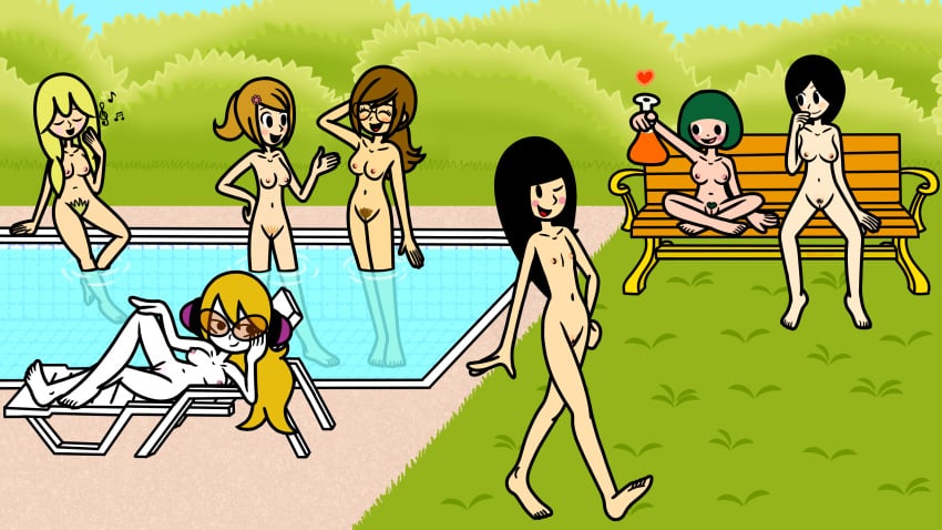 7girls accurate_art_style anserhours arms_up ass assistant_(rhythm_heaven) bare_arms bare_ass bare_back bare_breasts bare_legs bare_midriff bare_shoulders bare_thighs barefoot bench black_eyes black_hair blonde_hair blush breast_size_difference breasts brown_hair bushes casual_nudity chemicals closed_eyes completely_naked completely_nude completely_nude_female eglantine eguran_(rhythm_tengoku) eyes_closed female female_only flat_chest girl_(rhythm_heaven_fever) glasses grass green_hair hairy_pussy hands_on_head headphones heart his_crush_(rhythm_heaven) laugh laying_on_side long_hair love_lab_scientist mc_adore medium_breasts mob_face multiple_girls naked nintendo nipples nude nude_female one_eye_closed open_mouth pale-skinned_female pale_skin pool public public_nudity pussy reporter_(rhythm_tengoku) rhythm_heaven rhythm_heaven_fever rhythm_heaven_megamix rhythm_tengoku rhythm_tengoku_gold singing sitting skin_tone_difference smile sora_(rhythm_tengoku) swimming_pool talking talking_to_another thick_thighs thighs tongue water