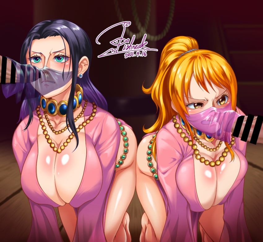 2boys 2girls all_fours angry belly_dancer big_breasts black_hair blue_eyes bondage breasts censor_bar censored dancer fellatio_under_mask fellatio_under_veil female fishneak harem_outfit large_breasts long_hair male mouth_veil nami nico_robin one_piece one_piece_film_gold orange_eyes orange_hair penis post-timeskip slave tenryuubito_slave_outfit thighs veil veiny_penis