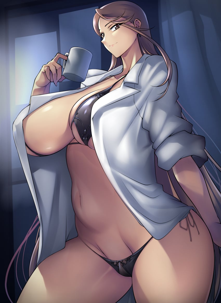 1girls bikini brown_eyes brown_hair coffee_mug curvaceous curves curvy haganef high_resolution highres huge_breasts human large_breasts long_hair looking_at_viewer mature mature_female milf open_coat sagiri_yuuko standing triage_x