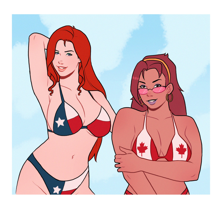 2girls american bikini borrowed_character brown_hair canada canadian crossover dark-skinned_female dark_skin gardnerverse looking_over_eyewear looking_over_glasses looking_over_sunglasses marty_gardner national_personification numitor pale-skinned_female pale_skin pink-tinted_eyewear red_hair sunglasses tinted_eyewear tsona_(nyantcha) united_states_of_america usa