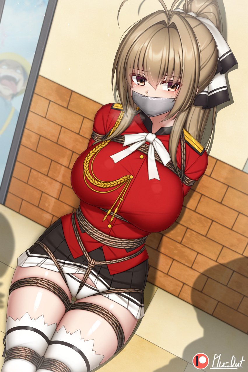 1girls aiguillette amagi_brilliant_park arms_behind_back bdsm big_breasts bondage bound bound_arms bound_legs bow bowtie brick_wall brown_eyes brown_hair buttons dress_shirt female female_focus female_only frilled_skirt gag gagged glass hair_ornament hair_ribbon looking_at_viewer panties pantsu plusout ponytail red_shirt reflection ribbon ribbons rope rope_bondage sento_isuzu shadow shibari sitting skirt skirt_lift solo solo_female solo_focus sweat sweatdrop tape tape_gag taped_mouth thighhighs uniform watermark