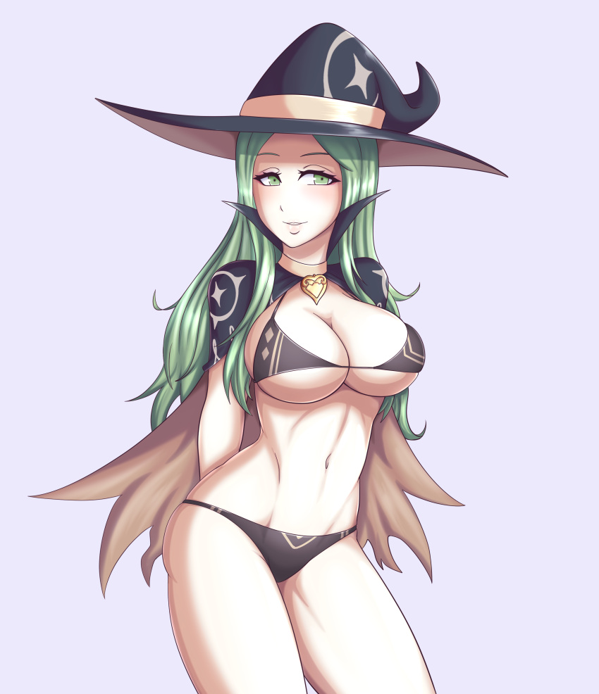 1girls alternate_costume bikini black_bikini black_panties black_swimsuit breasts cleavage female fire_emblem fire_emblem:_three_houses green_eyes green_hair halloween hat hayato_stuff large_breasts nintendo panties rhea_(fire_emblem) solo swimsuit witch witch_hat