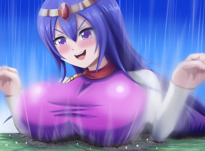 ! big_breasts blue_hair blush blushing boob_smothering boobs breast_crush breast_squeeze breasts cleavage crown crushing crushing_tiny_person destroyed_city destruction evil_grin evil_smile giant giant_breasts giantess goddess huge_breasts kapri_(thundah-strike) sfw smothering stretched_clothing thedaibijin tiny