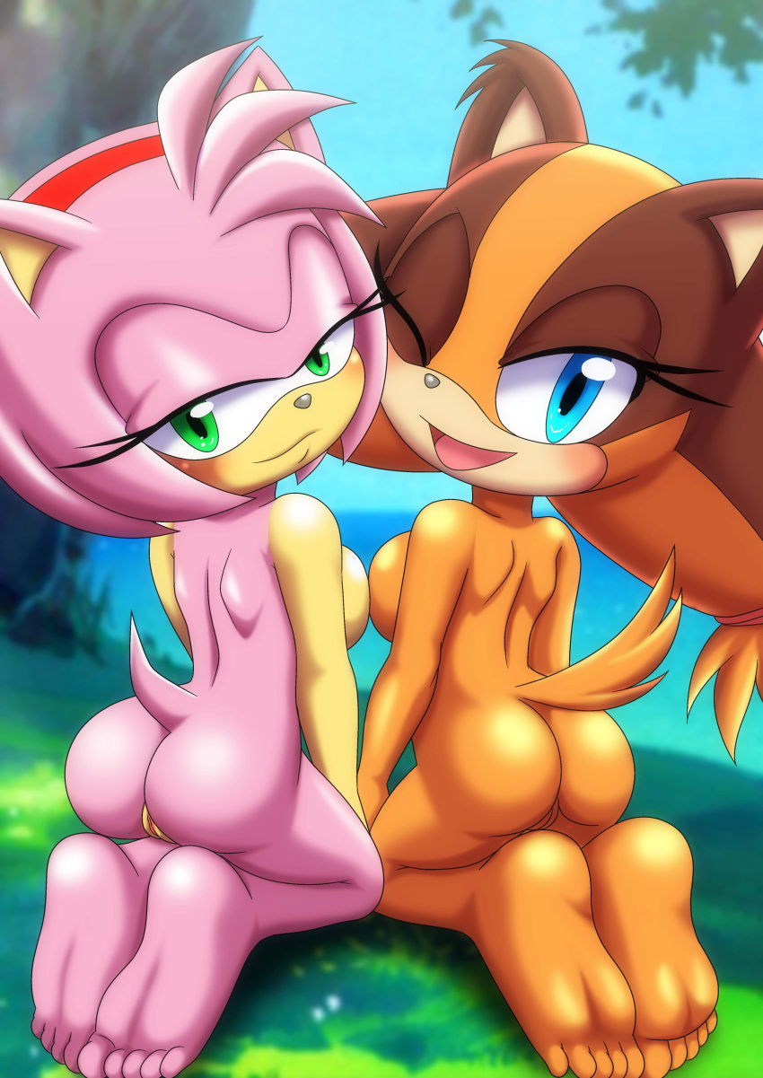 2girls amy_rose anthro ass back bbmbbf blue_eyes blush breasts brown_fur detailed_background eulipotyphlan feet female furry green_eyes headwear mobius_unleashed mustelid nude open_mouth orange_body orange_fur outside palcomix pink_fur pink_hair pussy rear_view seductive sideboob sonic_(series) sonic_boom sticks_the_badger sticks_the_jungle_badger sticks_the_tejon two_tone_body wink