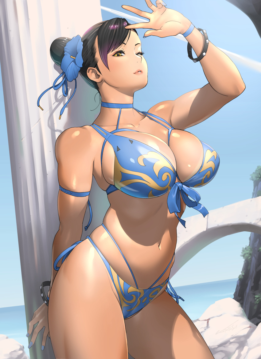 1girls artist_name big_breasts bikini black_hair blue_nails blue_sky bracelet bracelets breasts busty capcom choker chun-li cleavage clothed clothed_female clothes clothing colored_nails curvaceous curves curvy curvy_female curvy_figure dark_hair day eyelashes eyeshadow female female_focus female_only flower flower_in_hair fully_clothed hair huge_breasts human kotoyoshi_yumisuke large_breasts legs light-skinned_female light_skin makeup nail_polish navel one_eye_closed outdoors outside painted_nails pink_lips revealing_clothes shadow shadows side-tie_bikini signature simple_background sky solo spiked_bracelet standing street_fighter swimsuit tan tan_skin tanline thick thick_thighs thighs thin_waist thunderthighs uncensored voluptuous wink wristband yellow_eyes