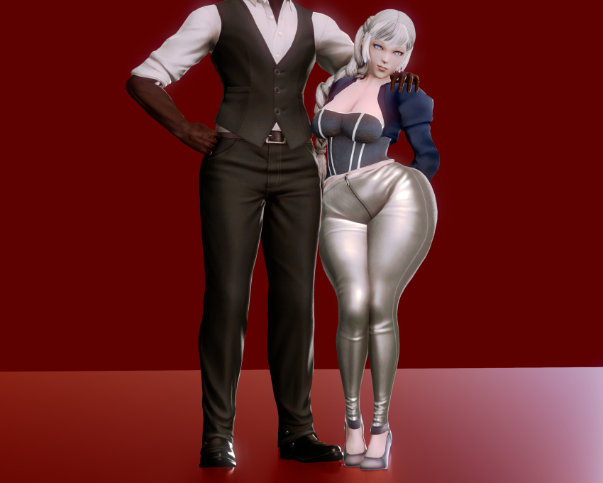 1boy 1girls clothed clothed_female clothed_male dark-skinned_male dark_skin female flynt_coal high_heels honey_select interracial light-skinned_female light_skin red_background rwby weiss_schnee white_hair