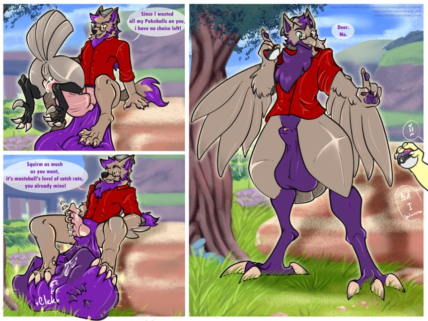 anthro avian azzyen ball_bulge bodily_fluids canid canine canis clothing cock_vore comic corvisquire cum dialogue duo feral furry_friend genital_fluids genitals glasses hi_res male male/male male_only mammal masturbation nintendo penile penis pokémon_(species) pokemon transformation video_games vore wolf young_intellegent_furry_friend youngintellegentfurryfriend