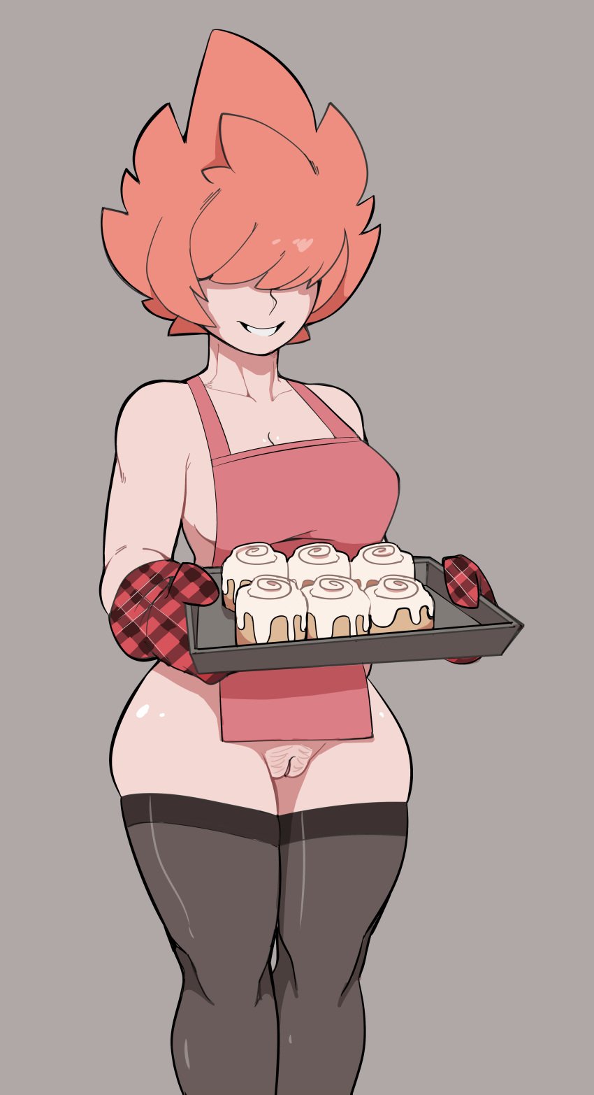 1girls apron breasts curvy food gloves grey_background hair_over_eyes nude_apron original oven_mitts pan_(ragingbarbarians) pussy ragingbarbarians red_apron red_hair smile solo standing wide_hips