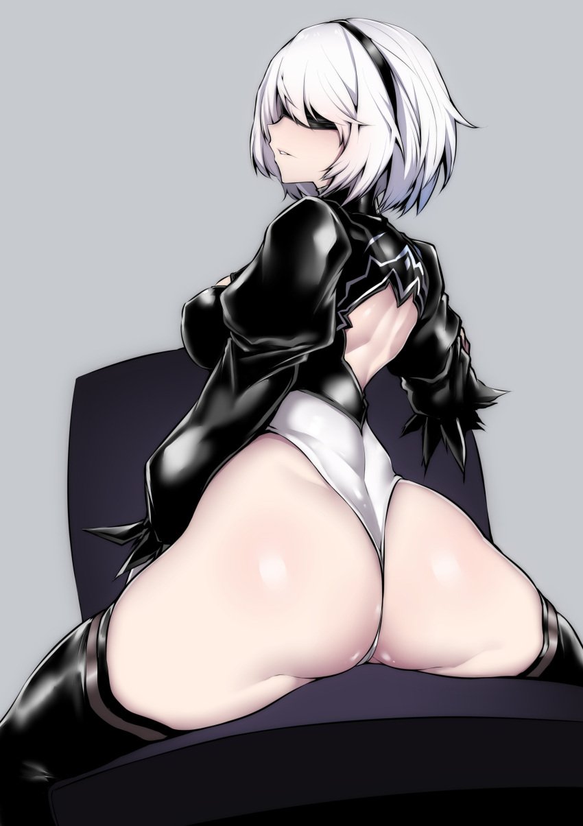 1girls android ass ass_focus back_view backless_leotard backless_outfit big_ass big_breasts black_blindfold black_hairband black_stockings black_thighhighs blindfold breasts female gggg grey_background grey_hair hairband huge_ass leotard looking_back nier nier:_automata nier_(series) presenting_ass shiny_clothes short_hair short_white_hair solo solo_female spread_legs stockings thick_thighs thighs thong_leotard white_hair white_thong_leotard yorha_2b