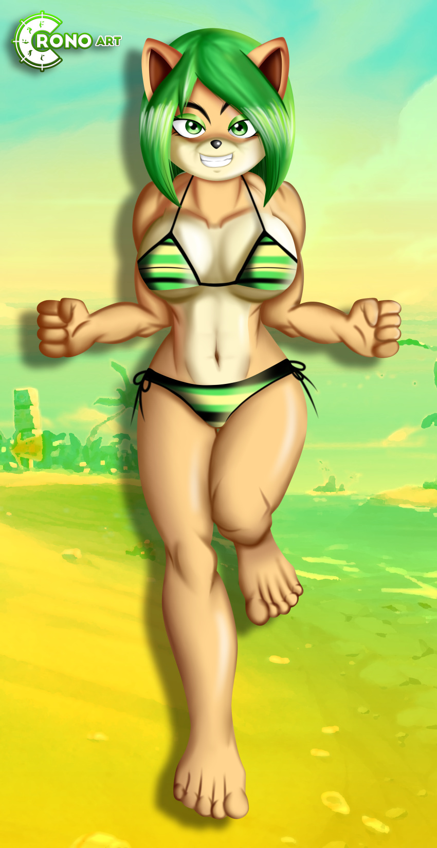 1girls ami_bandicoot anthro barefoot bikini_bottom bikini_top breasts crash_(series) cronoart feet female fur furry green_eyes green_hair large_breasts short_hair solo string_bikini