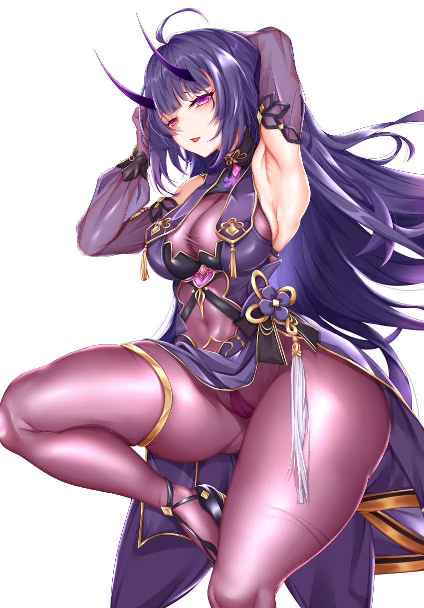 1girls 2021 armpit armpits arms_up belly bodystocking breasts cameltoe covered_breasts covered_navel covered_nipples covered_pussy female female_focus female_only honkai_impact_3rd horns looking_at_viewer medium_breasts navel purple_bodystocking purple_eyes purple_hair raiden_mei sakuraoo simple_background solo solo_female solo_focus thick_thighs thighs white_background