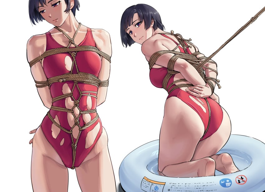 1girls ass black_hair bondage bondage kneeling medium_breasts one-piece_swimsuit root001 rope short_hair solo swimsuit tied_up torn_clothes torn_swimsuit white_background