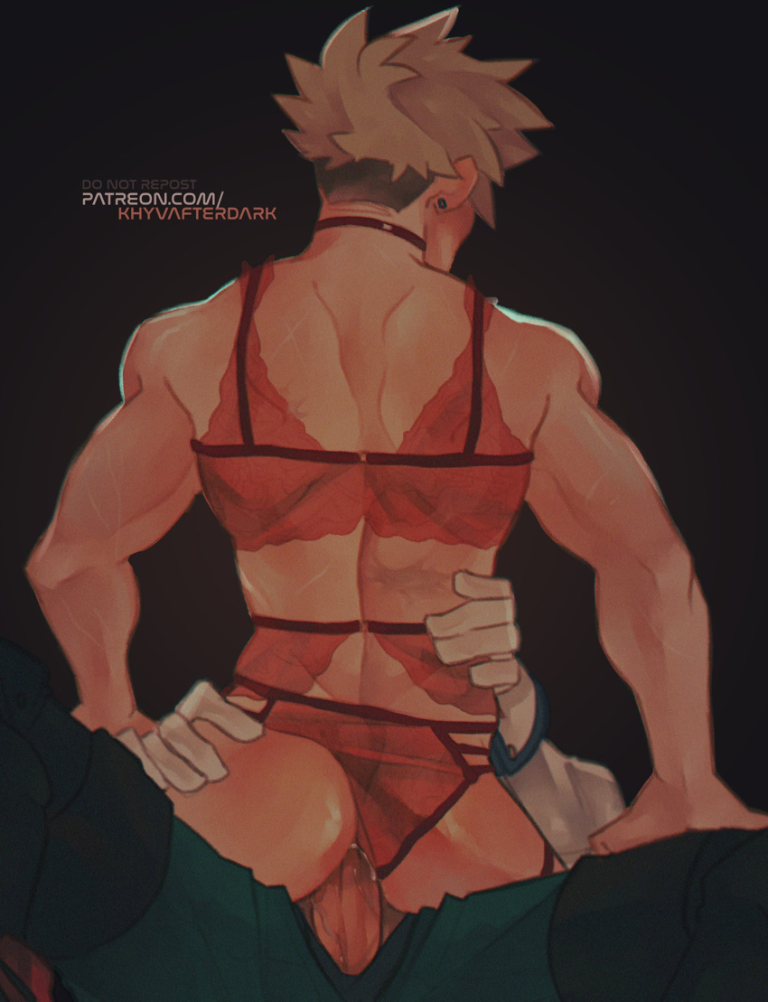 2boys anal anal_sex blonde_hair bra clothing cowboy_position faceless_male gay gloves izuku_midoriya katsuki_bakugou khyvafterdark lingerie male male/male male_in_lingerie male_only male_penetrated male_penetrating male_penetrating_male my_hero_academia on_lap panties penetration penis penis_in_ass red_lingerie spiky_hair underwear viewed_from_behind yaoi