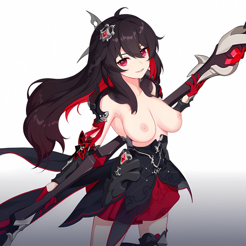 1girls absurd_res ai_generated black_hair breasts breasts_out female honkai_(series) honkai_impact_3rd inpainting looking_at_viewer red_eyes scythe seele_vollerei solo solo_female