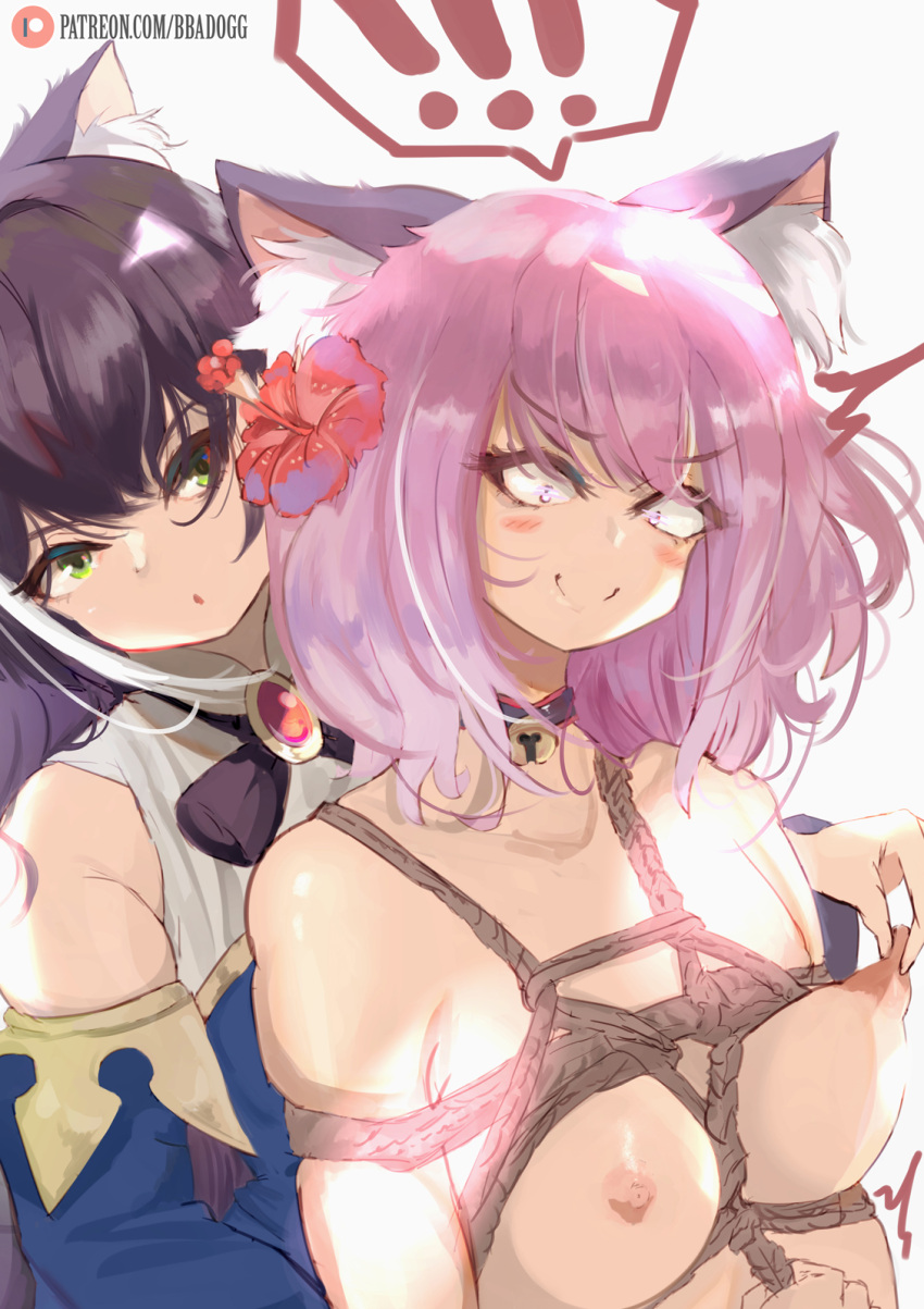 areolae bbadogg black_hair bondage breasts cat_ears cat_girl catgirl female female_focus kyaru_(princess_connect) momochi_kiruya nipple nipple_play nipple_slip nipples pink_hair princess_connect! princess_connect!_re:dive rope rope_bondage tamaki_(princess_connect!) tease teasing young yuri