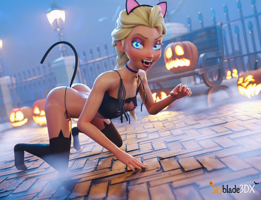 1girls 3d 3d_(artwork) all_fours blender blender3d blender_(software) blender_cycles blonde_hair blue_eyes breast cat_ears cat_girl cat_tail catgirl cosplay disney elsa_(frozen) feline female_focus female_only fog frozen_(film) glowing_eyes halloween halloween_2021 halloween_costume halloween_decoration hard_nipples high_resolution light-skinned_female light_skin lingerie lipstick looking_at_viewer medium_breasts neko nipple_bulge pokies princess pumpkin scary skyblade3dx small_breasts watermark