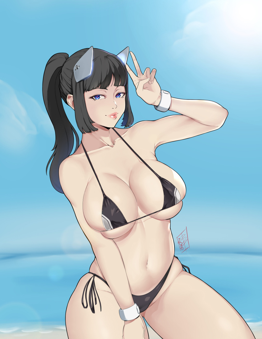 bikini black_hair blue_eyes cleavage console-tan damodar large_breasts lips outdoors playstation playstation_5 ponytail pose ps5-tan skindentation sky string_bikini v