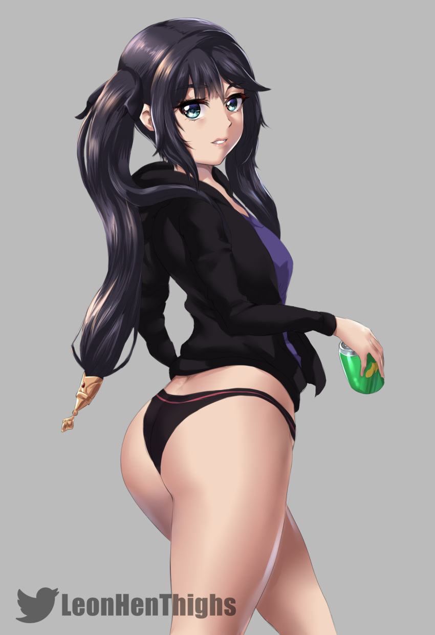 1girls ass blue_eyes breasts can eye_contact female genshin_impact leonart looking_at_viewer mona_(genshin_impact) panties soda_can solo standing thick_thighs thighs twintails