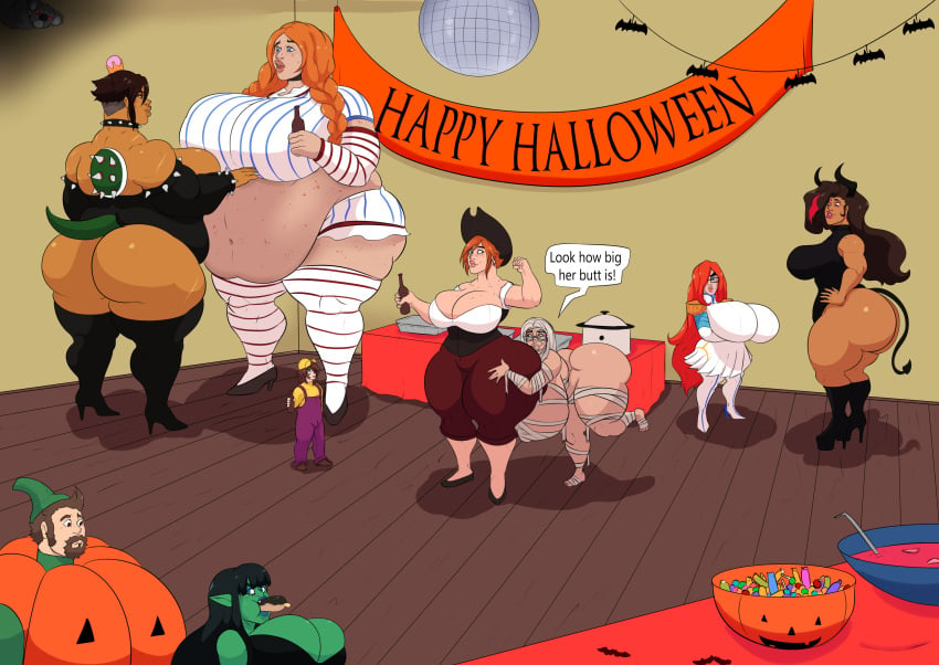 2boys 6+girls 7girls anne_(owlizard) ass belly big_ass big_belly big_breasts big_butt black_hair boots bowsette_(cosplay) braided_hair brown_hair butt cleavage clothing cosplay costume english_text female female_focus food gala giantess goblin goblin_female group hair halloween halloween_costume happy_halloween high_heels high_heels_boots human larger_female long_hair madz_(madzisstacked) madzisstacked male mario_(series) mini_giantess mostly_nude new_super_mario_bros._u_deluxe orange_hair original_character original_characters overweight overweight_female owl_(owlizard) owlizard party pixxy_fizzleclank red_hair redhead sandymoo short_hair text thick_thighs zuzana_(bigbig)