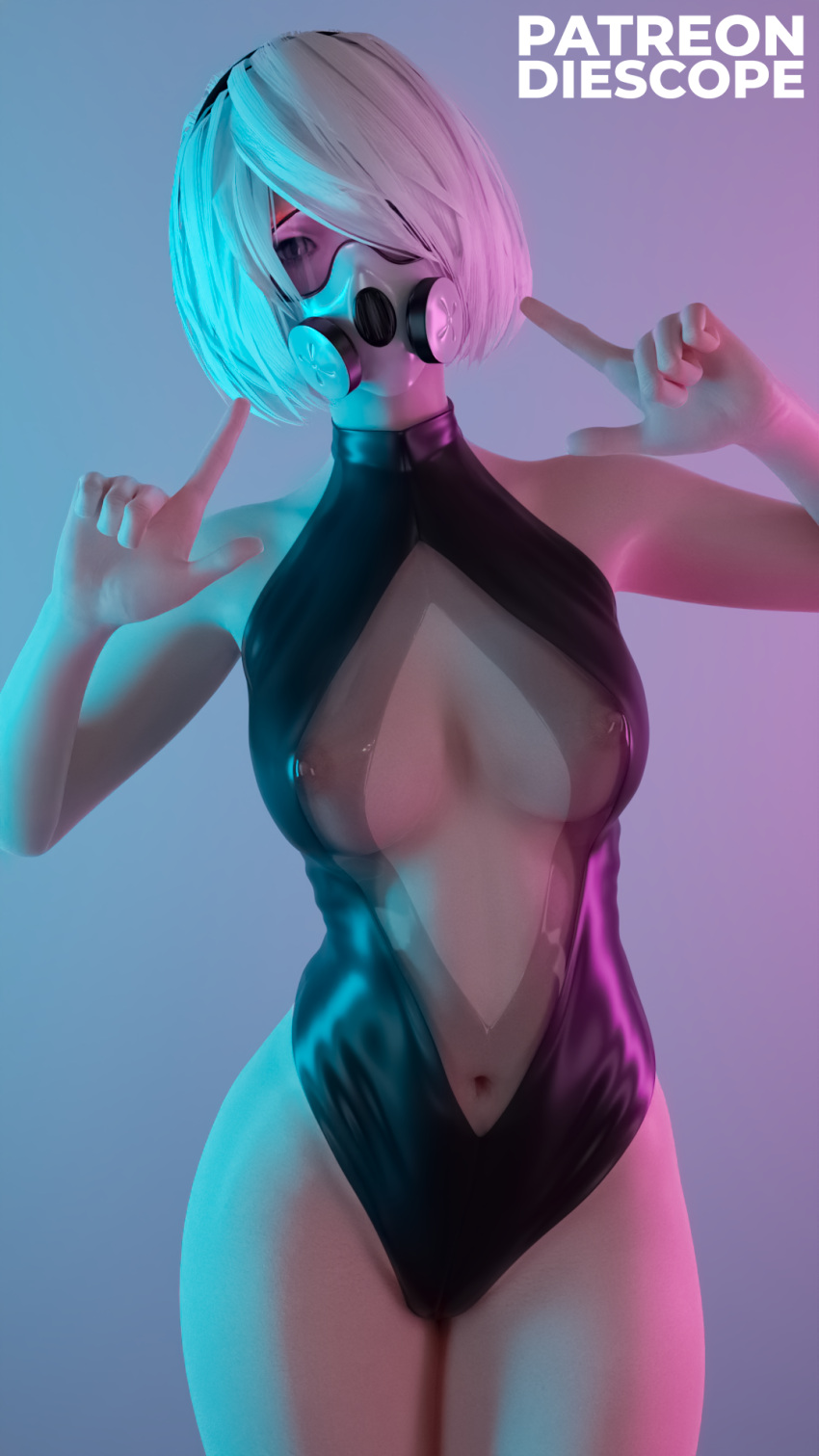 1girls 3d blue_eyes breasts cyan_light diescope female latex latex_suit looking_at_viewer mask medium_breasts nier:_automata one_eye_closed pink_light solo thighs white_hair white_skin yorha_2b