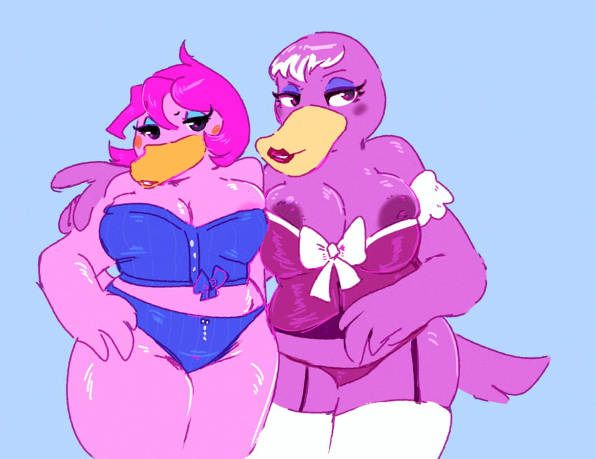 2021 anatid animal_crossing anseriform anthro avian beak bedroom_eyes big_breasts bird blue_background bow_ribbon breasts bustier cleavage clothed clothing currentlytr_ash duck duo feathers female first_porn_of_character garter_straps hair hand_on_shoulder hi_res legwear lingerie lipstick looking_at_viewer makeup miranda_(animal_crossing) narrowed_eyes nintendo nipple_slip nipples panties pelecaniform pelican phyllis_(animal_crossing) pink_body pink_feathers pink_hair purple_body purple_feathers purple_nipples seductive simple_background standing stockings straight_hair thigh_highs topwear underwear video_games