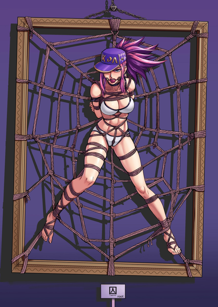 1girls akali arms_behind_back ball_gag bikini bondage cleavage feet frame gag gagged hat k/da_akali k/da_series large_breasts league_of_legends long_hair purple_hair root001 rope solo suspension toes