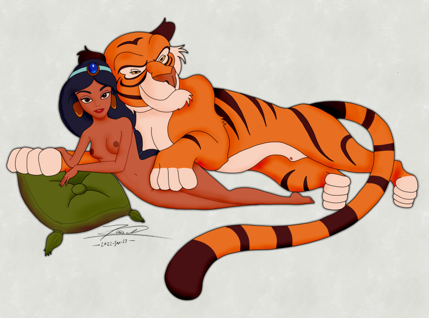 2022 aladdin black_hair breasts disney disney_princess earrings eyeshadow feral headband implied_zoophilia long_hair medium_breasts naked nipples orange_fur penis pillow princess_jasmine rajah sheath striped_fur tan_skin tiger