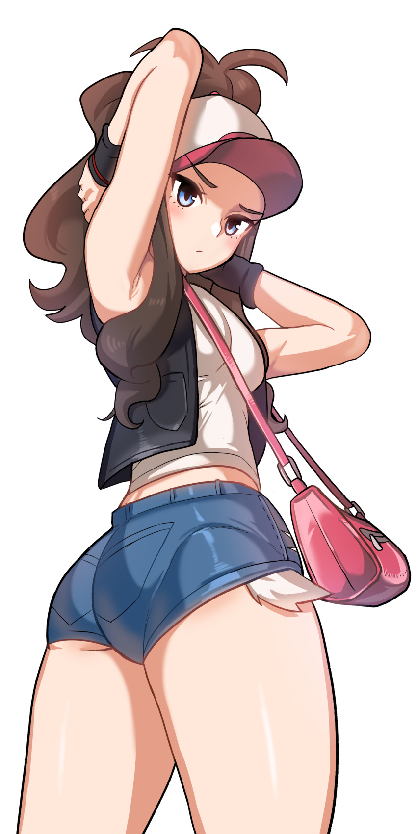 1girls ass bag brown_hair cpb eye_contact female hat hilda_(pokemon) long_hair looking_at_viewer minishorts nintendo pokemon pokemon_bw shorts solo standing thick_thighs thighs