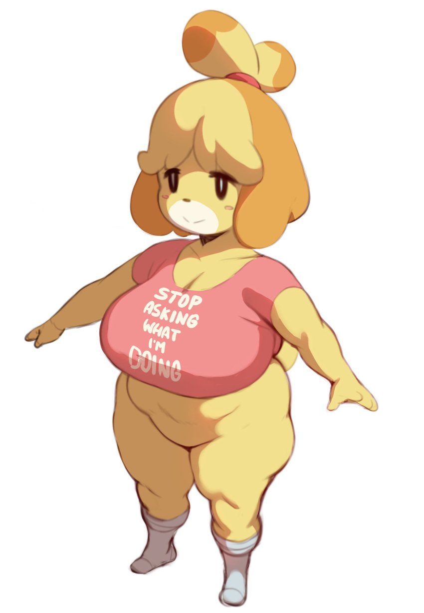 1girls a-pose animal_crossing anthro big_breasts bottomless breasts chubby chubby_female female forastero furry isabelle_(animal_crossing) large_breasts nintendo shortstack smaller_female smile socks voluptuous white_background wide_hips yellow_body