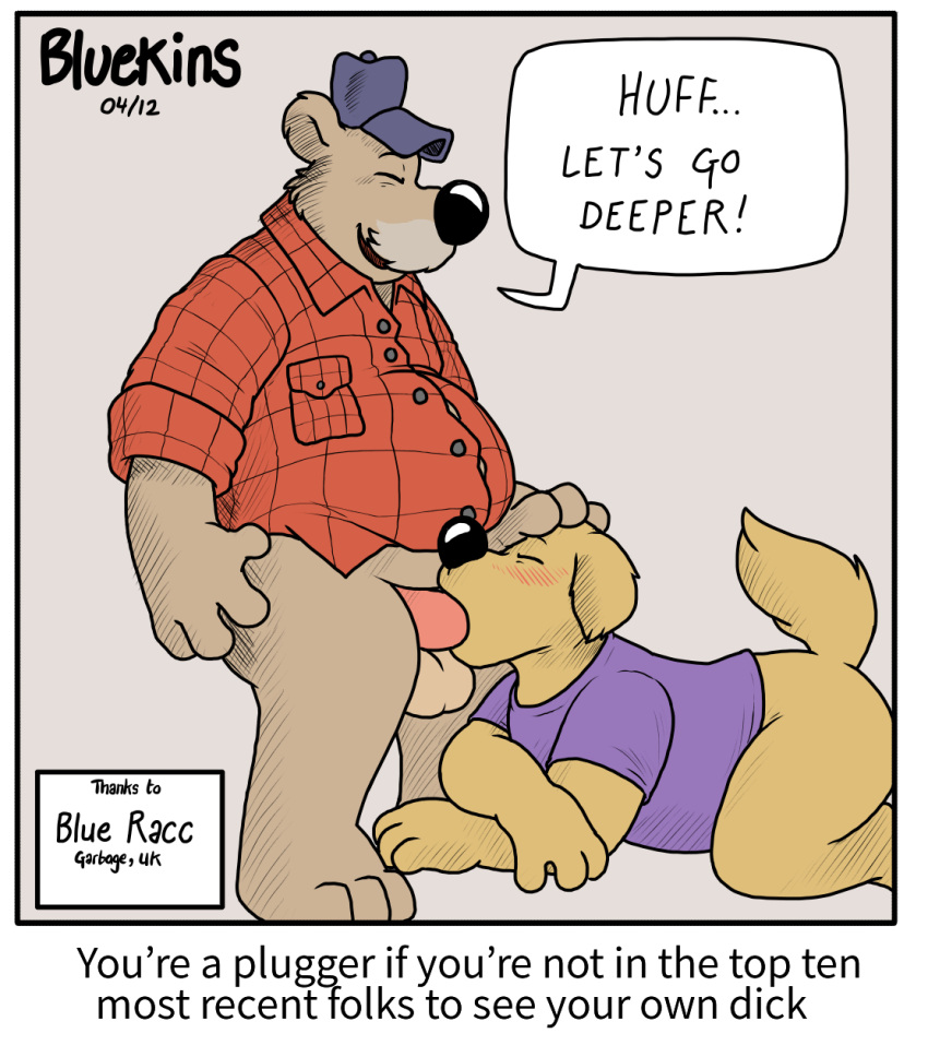 2021 anthro balls black_nose blueballs_(artist) blush brown_body brown_fur canid canine canis clothing domestic_dog duo english_text fur genitals hat headgear headwear hi_res male male/male mammal mature_male oral overweight overweight_male penis pluggers_(comic) shirt text topwear ursid