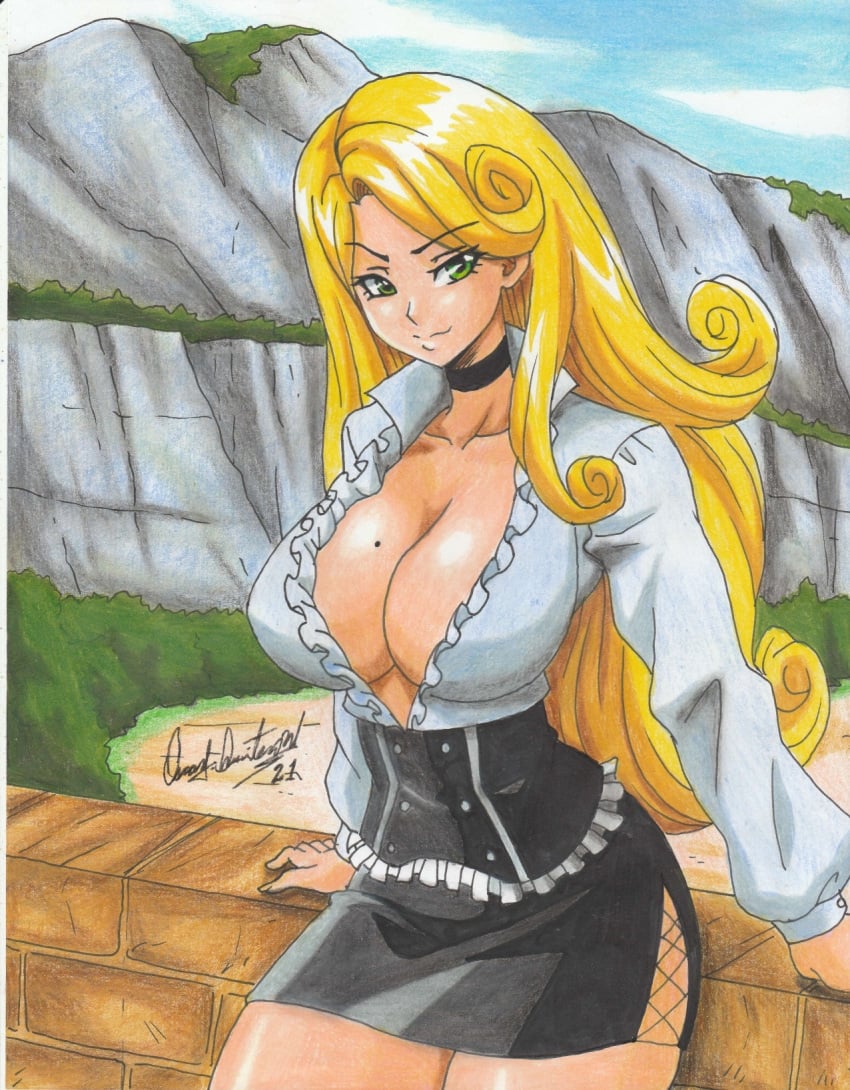 1girls 2021 big_breasts blonde_hair cleavage green_eyes huge_breasts katsute_kami_datta_kemonotachi_e liza_runecastle looking_at_viewer mole_on_breast no_bra open_clothes pencil_(artwork) ravern_clouk tagme thick_thighs