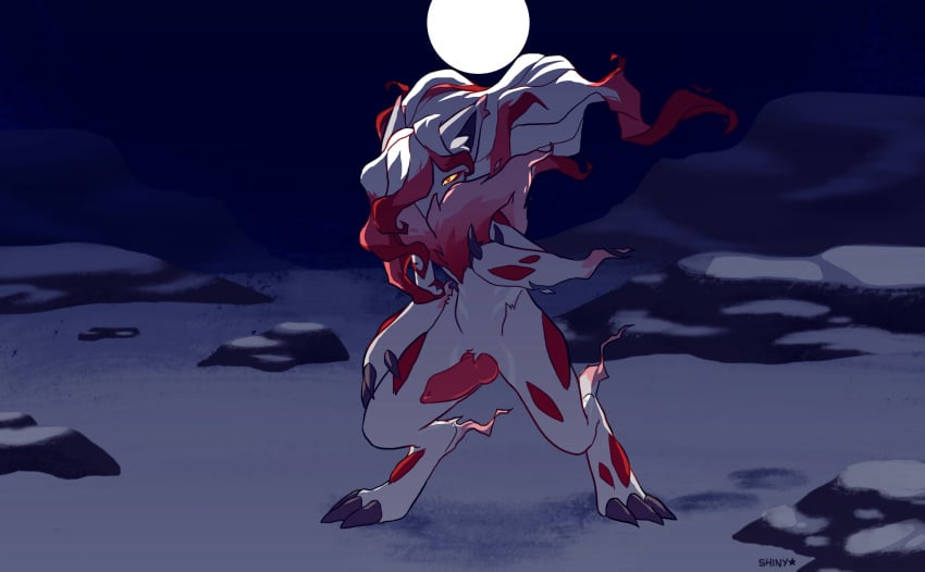 1boy absurd_res animal_genitalia animal_penis canine_penis claws detailed_background erection finger_claws full_moon fur genitals hi_res hisuian_zoroark knot looking_at_viewer male male_hisuian_zoroark male_only male_pokemon moon night nintendo outdoors penis pokémon_(species) pokemon pokemon_(species) pokemon_legends:_arceus regional_form_(pokemon) shinystarshard sky snow solo solo_male standing toe_claws video_games white_body white_fur yellow_sclera zoroark