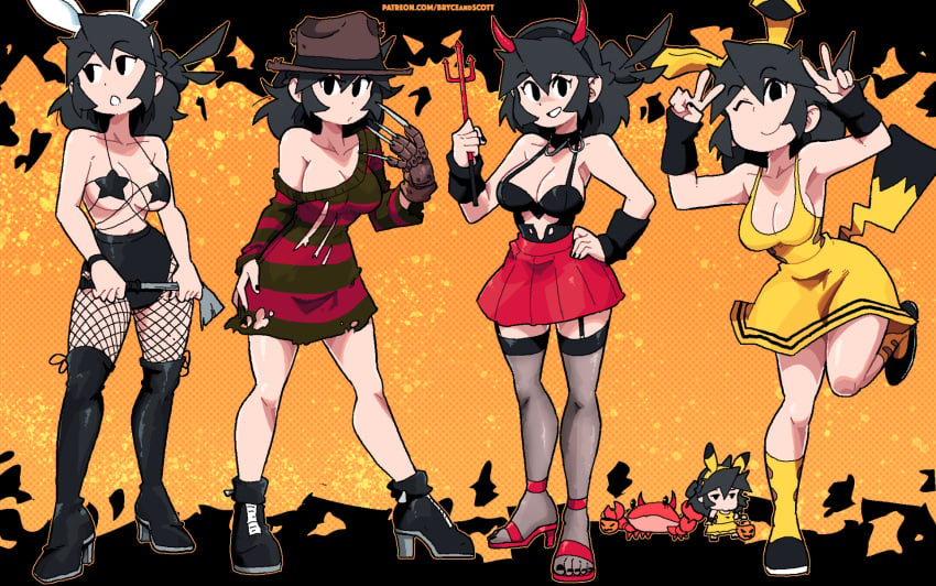 2021 big_breasts black_hair cleavage cosplay freddy_krueger_(cosplay) halloween halloween_costume lucia_(scott_malin) multiple_outfits multiple_poses nightmare_on_elm_street pikachu_(cosplay) pokemon pokemon_(cosplay) scott_malin tagme