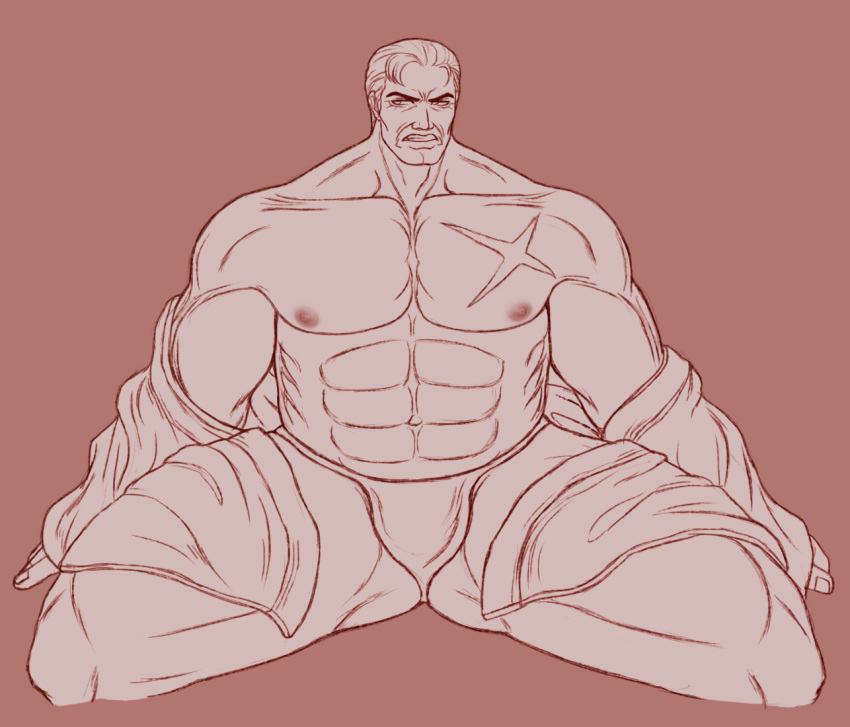 art_of_fighting bara dilf fundoshi king_of_fighters lasupay3 male_focus male_only open_legs open_shirt scar snk takuma_sakazaki