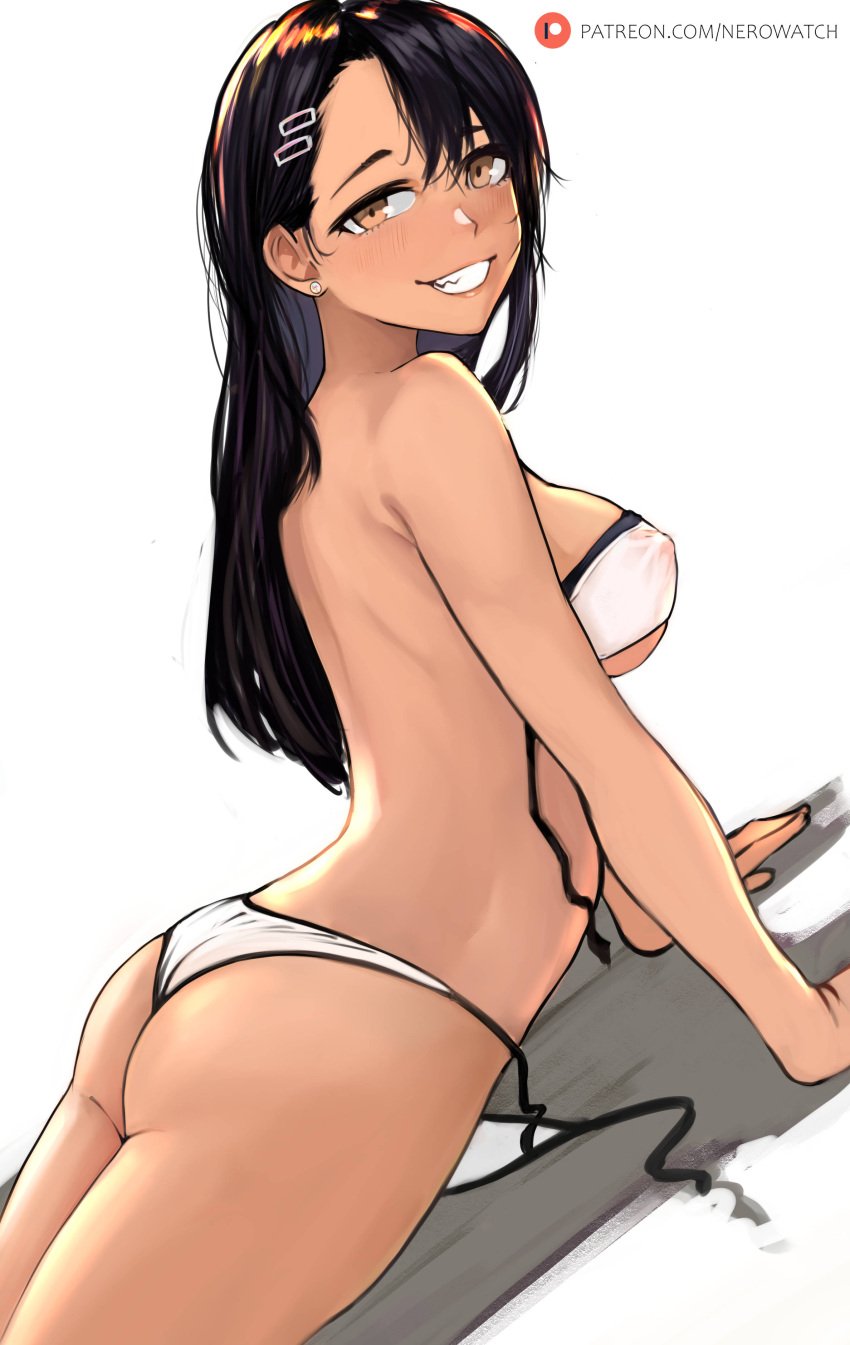 1girls ass bikini black_hair breasts brown_eyes female female_focus female_only hayase_nagatoro long_hair looking_at_viewer looking_back medium_breasts nero_watch open_bra please_don't_bully_me,_nagatoro pose sideboob simple_background smile smug solo string_bikini undone_bikini undone_bra untied untied_bikini watermark white_background