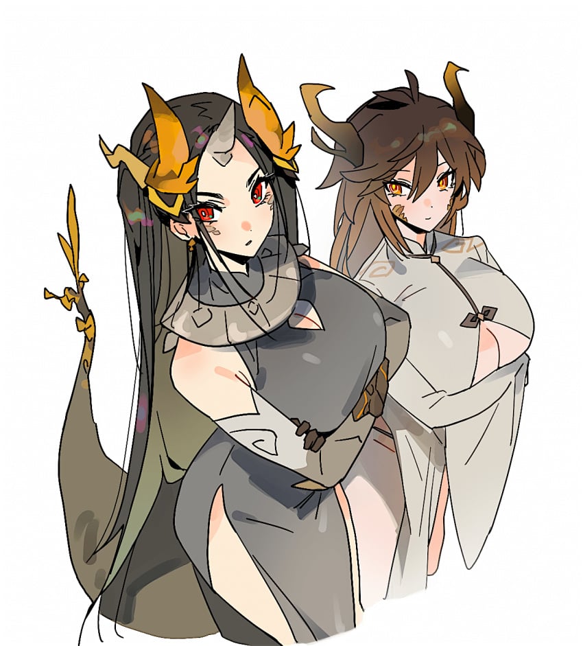 2021 2girls 3_horns azhdaha_(genshin_impact) bare_shoulders big_tail black_gloves black_hair breasts brown_eyes brown_hair china_dress chinese_clothes cleavage cleavage_cutout clothing crossed_arms detached_sleeves dragon_girl dragon_horns dragon_tail dress earrings eyebrows_visible_through_hair female female_only genderswap_(mtf) genshin_impact gloves gradient_hair grey_dress hair_between_eyes highres horns huge_breasts jewelry large_breasts long_hair looking_at_another looking_at_viewer matching_hair/eyes mimlmi multicolored_hair multiple_girls personification red_eyes rule_63 serious simple_background sleeveless sleeveless_dress smaller_female smile standing tail thick_thighs thighs two_tone_hair underboob underboob_cutout very_long_hair white_background zhongli_(genshin_impact) zhongli_jiejie