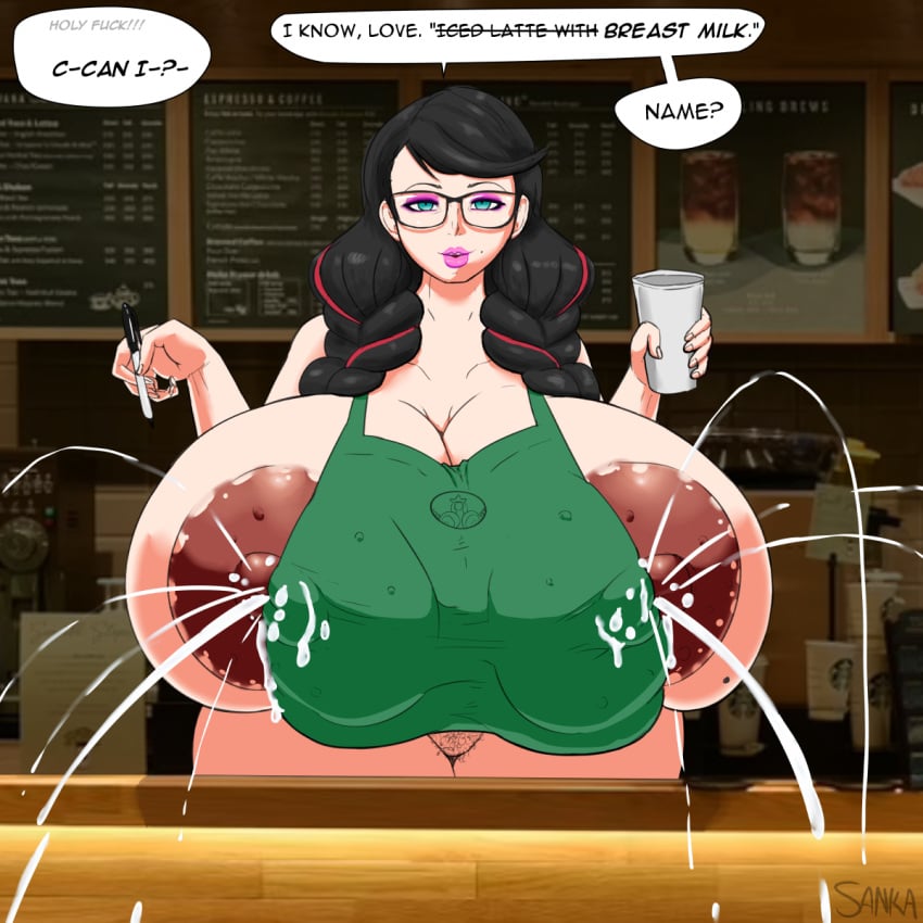 1girls apron bayonetta bayonetta_(character) bayonetta_3 bursting_breasts dinner_plate_nipples huge_areolae huge_breasts huge_nipples iced_latte_with_breast_milk lactation lactation_through_clothes large_areolae light-skinned_female light_skin long_hair looking_at_viewer meme naked naked_apron nipple_slip pancake_nipples sanka-tetsu solo twintails