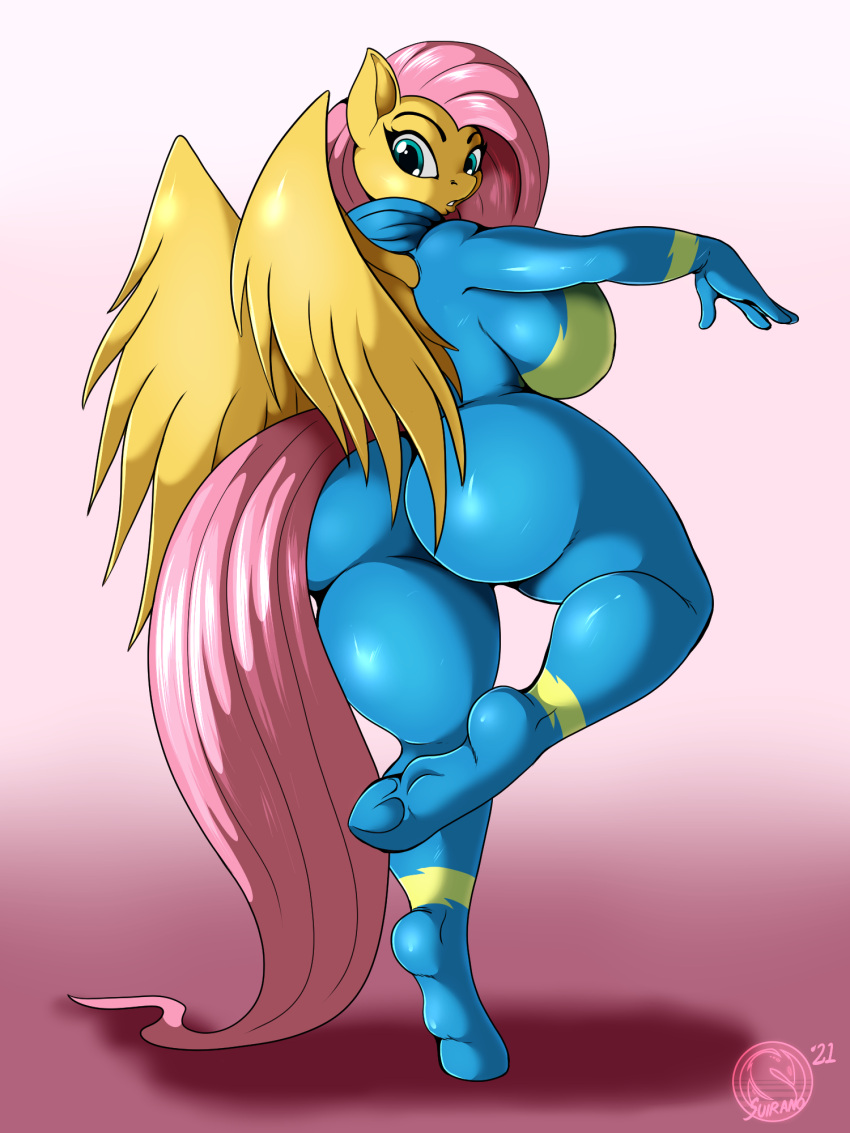 1girls 2021 anthro ass bodysuit breasts female female_only fluttershy_(mlp) friendship_is_magic furry huge_ass huge_breasts looking_at_viewer looking_back my_little_pony pink_hair raised_leg skin_tight solo standing_on_one_leg suirano tail thick_thighs voluptuous wide_hips wings wonderbolts_uniform yellow_fur