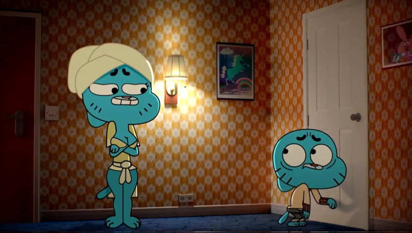 1boy 1girls accurate_art_style bathrobe breasts edited_screencap gumball_watterson meme mother_and_son nicole_watterson robe screencap screenshot_edit the_amazing_world_of_gumball towel_on_head