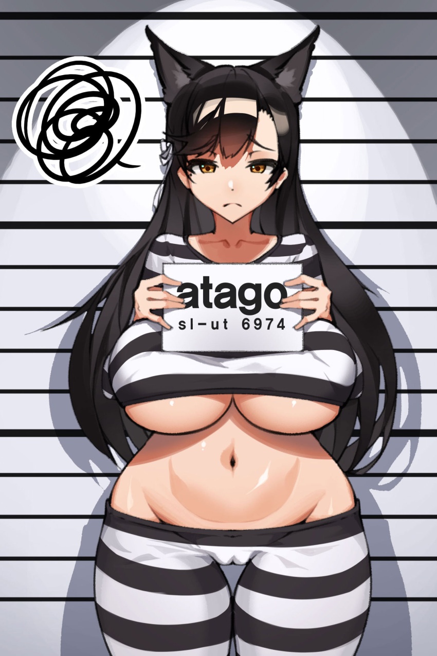 2d animal_ears atago_(azur_lane) azur_lane big_breasts breasts cameltoe dark_hair dog_ears female female_only huge_breasts jumpsuit light-skinned_female light_skin mugshot no_bra orange_eyes pale-skinned_female pale_skin pants powergene powzin prison prison_clothes prisoner simple_background solo thick_thighs underboob