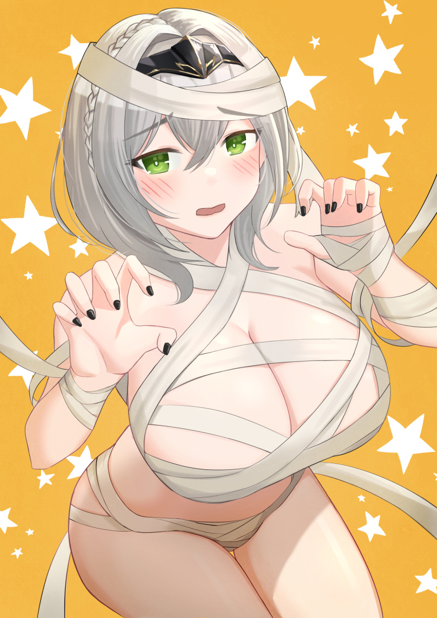 1girls 2021 alternate_version_available bandages black_nails blush braid breasts cleavage crown_braid female female_focus female_only ghost_pose green_eyes grey_hair hairband halloween hands_up highres hololive hololive_fantasy hololive_japan kul_(ngsensei) large_breasts looking_at_viewer mummy no_nose open_mouth raised_eyebrows shirogane_noel short_hair solo solo_female solo_focus star_(symbol) virtual_youtuber yellow_background