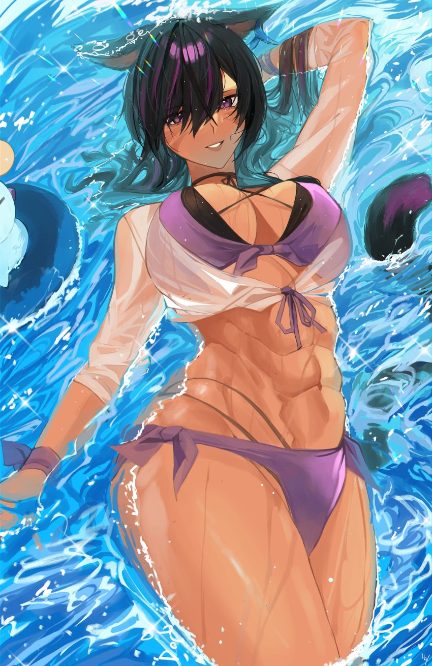 abs armpits bare_legs bare_midriff bare_shoulders bare_thighs bikini black_hair bracelet breasts buff cat_ears cat_tail cleavage dark-skinned_female dark_skin eight_pack female female_focus female_only final_fantasy final_fantasy_xiv floating floating_hair front-tie_top front_view hair_between_eyes hair_over_one_eye hands_behind_head large_breasts lilycious looking_at_viewer miqo'te navel navel_line on_back purple_eyes purple_hair see-through see-through_clothing see-through_top side-tie_bikini six_pack smile solo solo_female solo_focus tagme toned toned_body toned_female two_tone_hair water wet wet_clothes wet_shirt whisker_markings