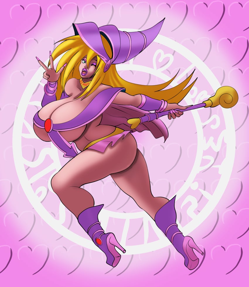 annon ass big_ass big_breasts bimbo bimbo_collar blonde_hair bracer breasts cape choker cleavage dark_magician_girl degrading_accessory female female_only hat heart heel_boots high_heels huge_breasts looking_at_viewer magic_circle magic_wand makeup microskirt midriff pink_eyeshadow pink_lipstick platform_boots platform_heels smile solo underboob winking_at_viewer yu-gi-oh!