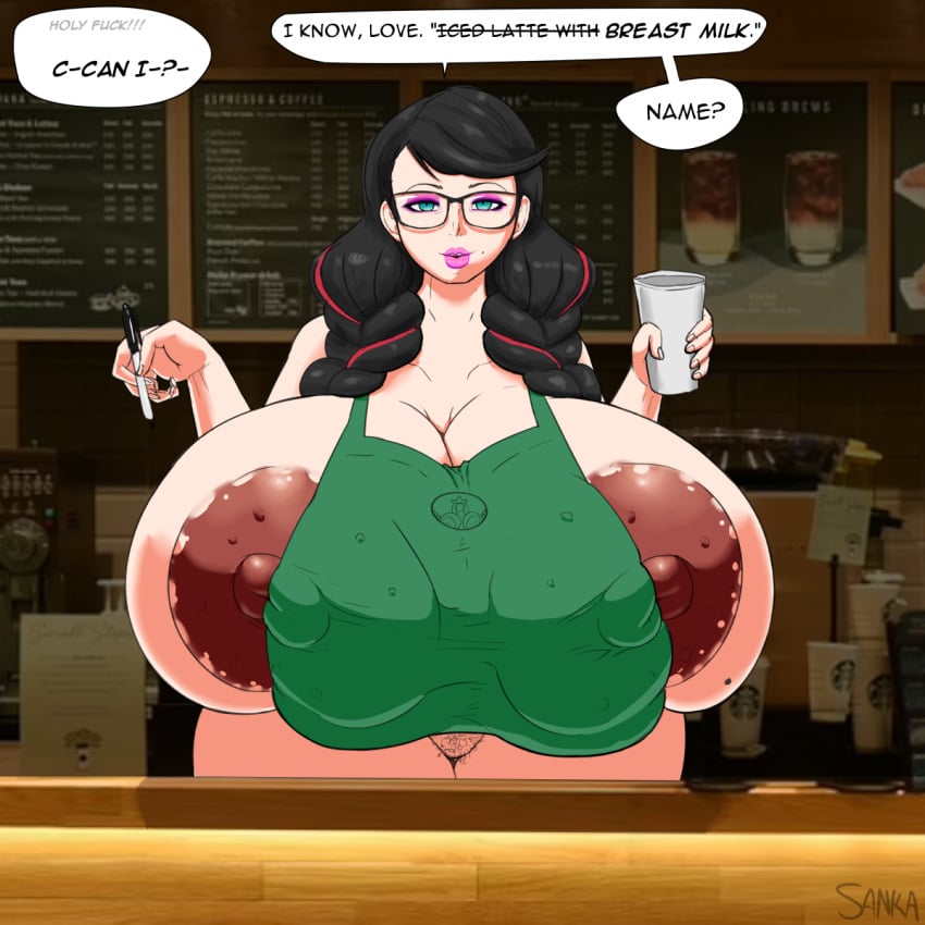 alternate_breast_size apron bayonetta bayonetta_(character) bayonetta_3 dark_nipples dinner_plate_nipples glands_of_montgomery huge_areolae huge_breasts iced_latte_with_breast_milk light-skinned_female light_skin looking_at_viewer meme naked naked_apron pancake_nipples pubic_hair sanka-tetsu twintails voluptuous