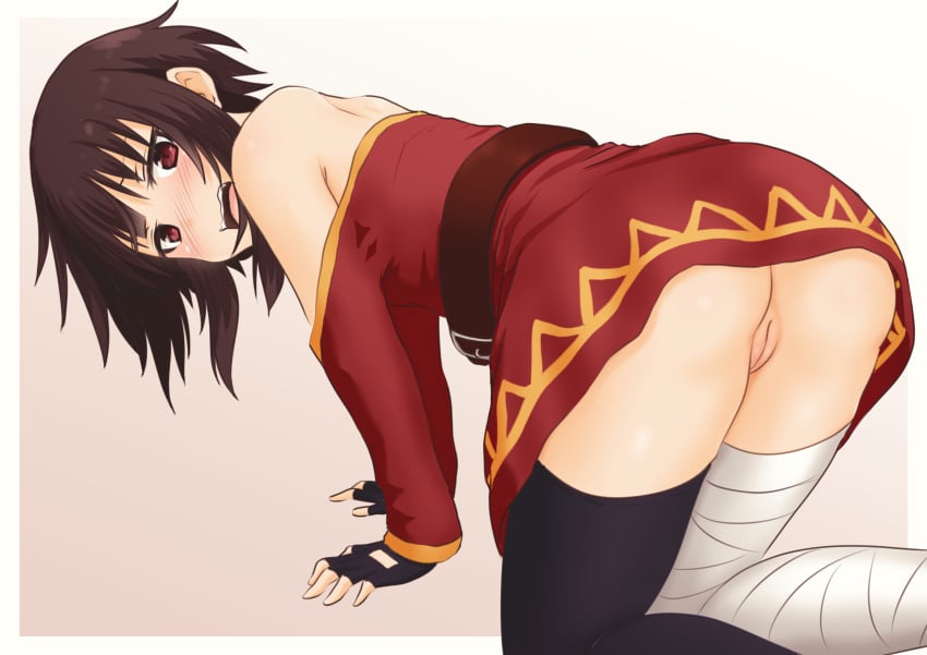 1girls ass bandage bandaged_leg belt black_gloves blush blushing girls_only kono_subarashii_sekai_ni_shukufuku_wo! looking_back megumin no_panties open_mouth pussy red_dress red_eyes sirokohi solo solo_female source_request tagme upskirt