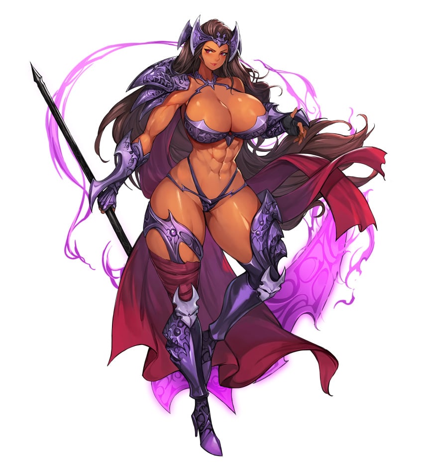 1girls armor armored_boots armored_gloves bare_midriff bare_shoulders belly_button bikini_armor bracer bracers brown_skin cape cleavage crown dark-skinned_female dark_skin eight_pack female female_focus female_only fingerless_gloves flowing_hair gloves gurimjang heel_boots heels holding_object holding_weapon large_breasts long_hair looking_to_the_side magic muscular muscular_arms muscular_female muscular_thighs pauldron purple_fire red_eyes scarf scythe six_pack solo solo_female solo_focus standing standing_on_one_leg tagme thick_thighs thin_waist toned toned_arms toned_body toned_female toned_legs toned_stomach weapon white_background