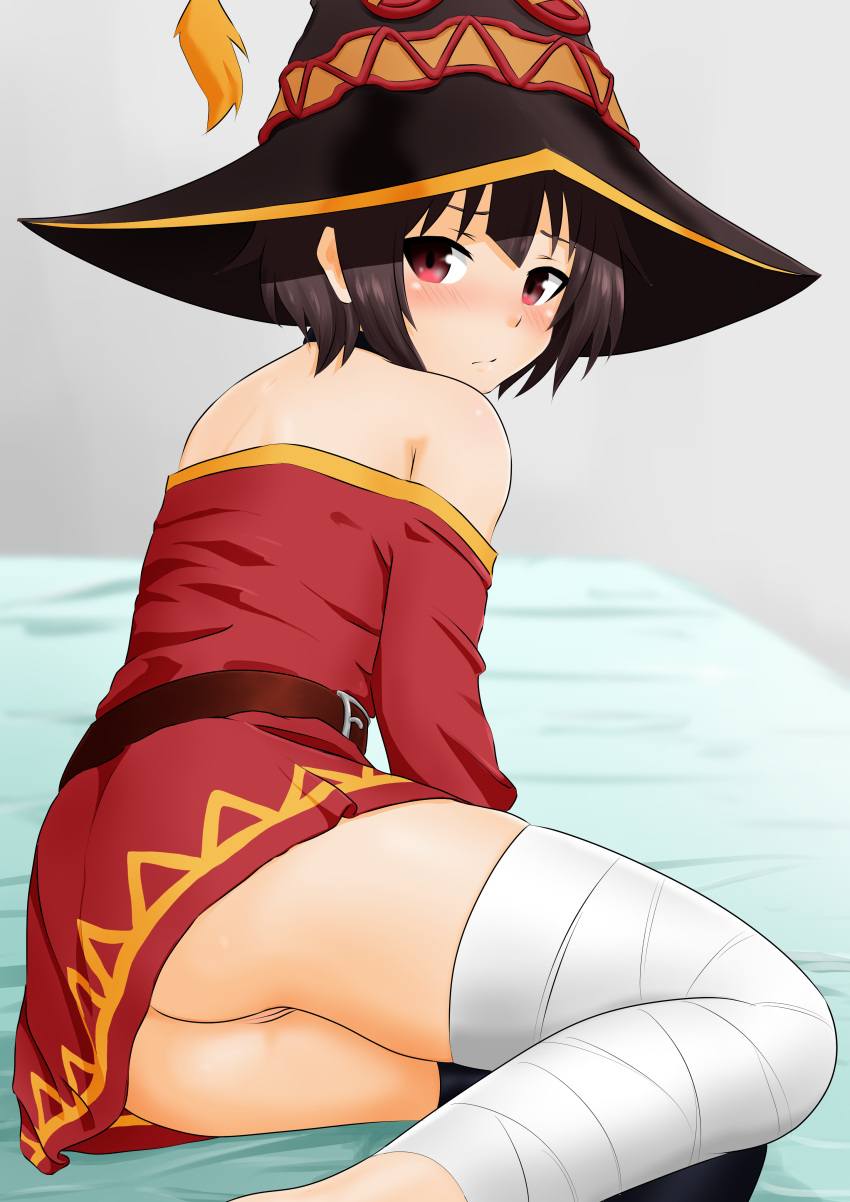 ass bandage bandaged_leg belt blush blushing female hat kono_subarashii_sekai_ni_shukufuku_wo! looking_at_viewer megumin no_panties pussy red_dress red_eyes sirokohi source_request tagme upskirt witch_hat