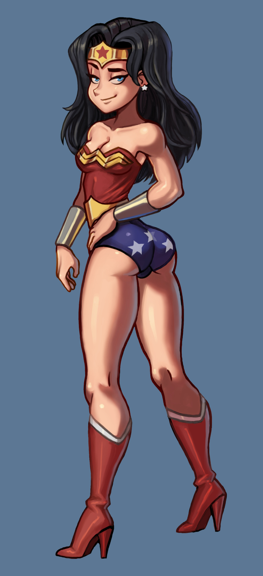 1girls ass black_hair blue_eyes cleavage dat_ass dc dc_comics diana_prince female female_only high_heel_boots looking_at_viewer pokpa rear_view shluv98bu smug thick_thighs wonder_woman wonder_woman_(series)